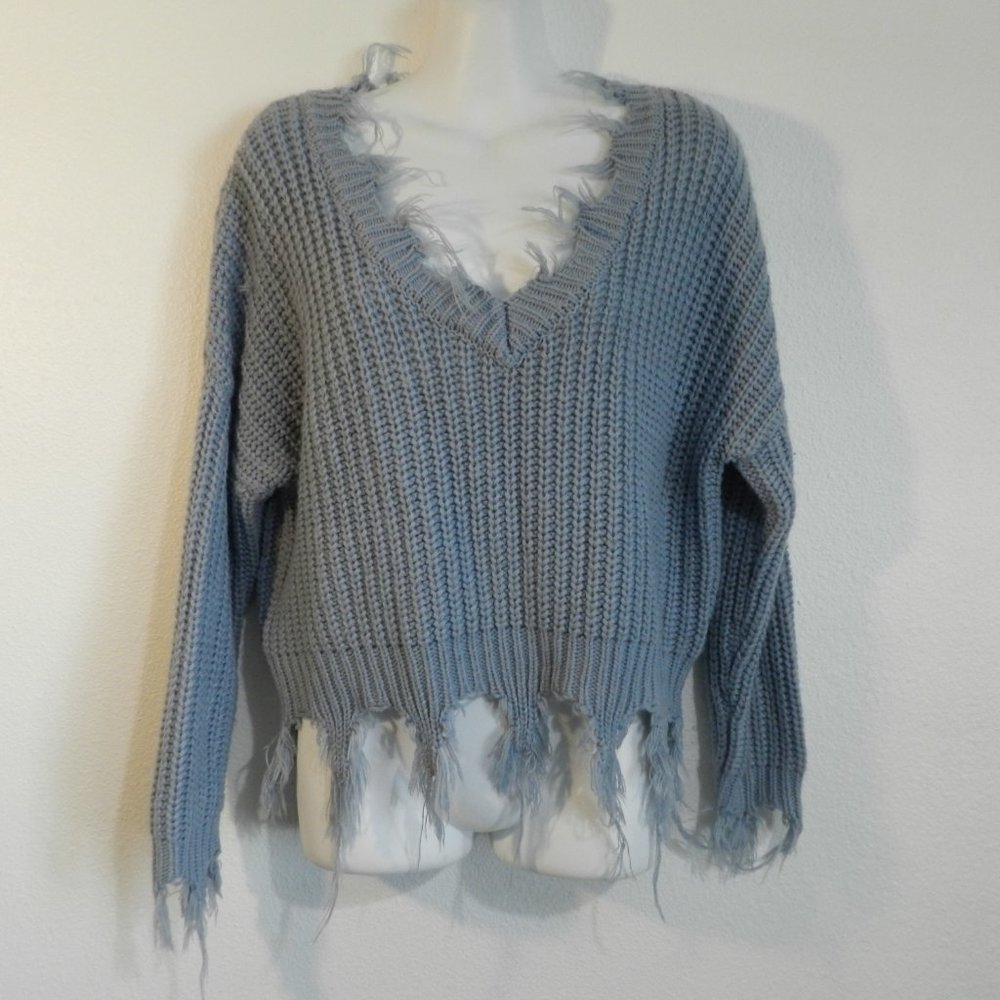 Love Tree smoky blue deep v-neck, long sleeve, fringed crop rib knit swe…